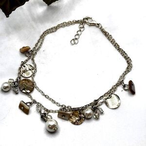 "5/$25" Doublestrand Chain Silvertone Pearl Shell Disc Charm Bracelet